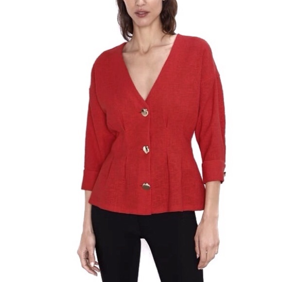 Zara NWT Red Textured Chunky Button Top M - Picture 3 of 11